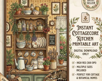 Cottagecore Küche Wand Kunst zum ausdrucken, Vintage Küche Dekor, Botanische Kräuter Illustration, Gemütliches Haus Kunst
