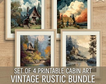 Cottage Wall Art Set mit 4 druckbaren, rustikalen Cabin Decor, Landschaftsbilder, Bauernhaus Digital Download