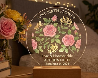 Gepersonaliseerde geboortebloem nachtlampje, aangepaste naamlamp, bloemen decor kinderkamer, verjaardagscadeau voor meisjes vrouwen, cadeau nieuwe baby, acryl led