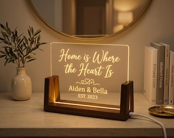 Gepersonaliseerd nachtlampje voor koppels, aangepaste acrylplaat met houten basis, housewarmingcadeau, cadeau nieuw huis, cadeau huwelijksverjaardag