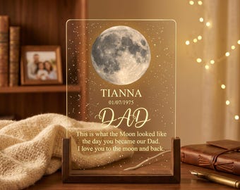 Gepersonaliseerde maanfase-nachtlampje, de dag dat je mijn vader werd, aangepast vaderdagcadeau, verjaardagscadeau voor papa, acryl maanplaquette