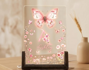 Gepersonaliseerde vlindernachtlampje, aangepaste naamlamp voor meisjes, roze bloemen woondecoratie, monogram acrylplaat, verjaardagscadeau voor dochter