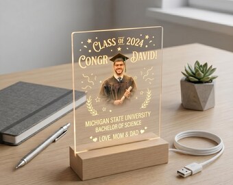 Gepersonaliseerde afstudeercadeau, aangepaste foto nachtlampje, klasse van 2026 Grad cadeau voor hem haar, College High School afstuderen acryllamp