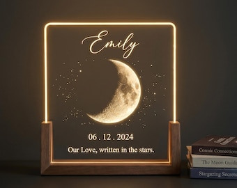 Personalized Moon Night Light, Custom Anniversary Gift for Him Her, Starry Sky Acrylic Lamp, Couple Gift, Wood Base LED Light, Birthday Gift