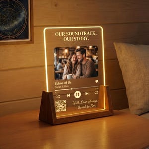 Könnte beinhalten: Eine rechteckige Acrylplatte mit warmem LED-Lichtrand in einem Holzsockel. Sie zeigt ein Foto eines Paares, den Text "OUR SOUNDTRACK, OUR STORY.", "Echos of Us", "Sarah & Ben", einen QR-Code sowie "With Love, always - Sarah to Ben".