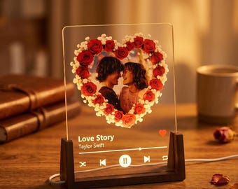 Personalized Song Plaque Night Light, Custom Heart Photo Lamp, Music Player Acrylic Sign, Rose Floral Frame, Anniversary Gift for Couple