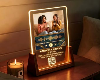 Aangepaste liedplaat met foto, gepersonaliseerde muziek acrylbord, scanbare QR-code soundwave kunst, jubileumcadeau, walnoot- of beukenhouten basis