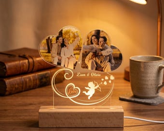 Aangepaste fotolamp paar, Valentijnsdagcadeau voor hem haar, aandenken huwelijksverjaardag, hart twee fotolijstjes, gepersonaliseerde ledlamp