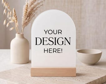 Custom Acrylic Table Sign • Wood Base Tabletop Display, Wedding Menu Plaque, Desk Nameplate