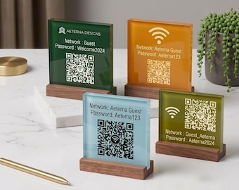 Custom WiFi QR Code Sign • Personalized 15mm Acrylic Network Plaque with Wood Base • Guest Room Decor
