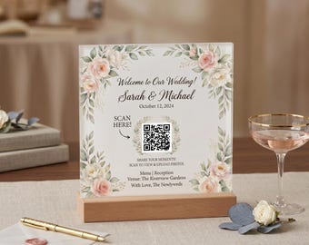 Gepersonaliseerd QR-codebord voor bruiloft, deel je foto's Acrylbord, bloementafeldecor, tafeldecoratie voor het delen van foto's, Capture the Love-receptiebord