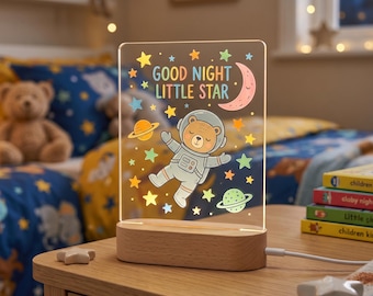 Gepersonaliseerde astronaut beer nachtlampje, aangepaste ruimte kinderkamer decor, babyjongen meisje naamlamp, led-verlichting kinderkamer, kraamcadeau