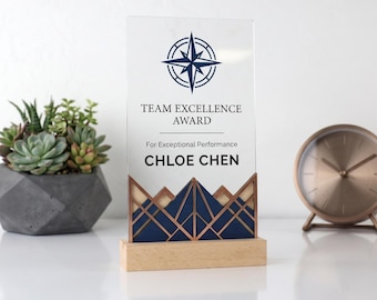 Custom Corporate Award met logo, cadeau werknemer waardering, gepersonaliseerde acrylplaat met houten basis, Team Excellence Trophy, pensioen