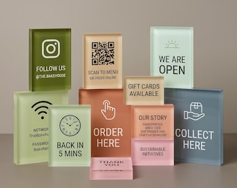 Custom Acrylic Business Sign, Freestanding QR Code Sign, Pop Up Shop Display, Social Media Follow Sign, WiFi Password Table Sign, Cafe Decor