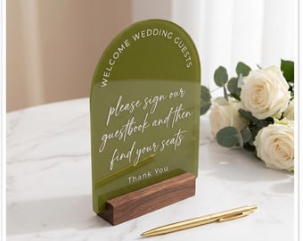 Gepersonaliseerde gebogen gastenboekbord, aangepaste kleur acryl bruiloft bord met zwarte walnoothouten basis, bord bruiloft, receptie decor