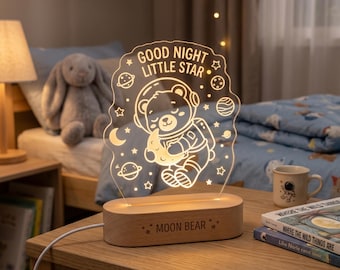 Gepersonaliseerde astronaut beer nachtlampje, aangepaste ruimte kinderkamer decor, kindernaamlamp met beukenhouten basis, babyshower cadeau, peuterkamer