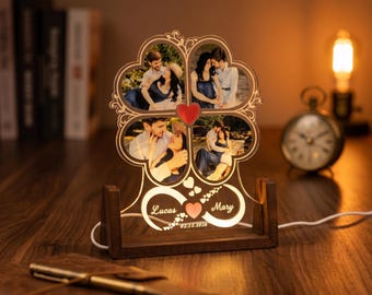 Gepersonaliseerde acrylnachtlampje, aangepaste oneindige hartlamp, jubileumcadeau, klavertje vier fotocollage, huwelijksverjaardag