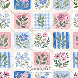 Floral Patchwork Seamless Pattern, Soft Pastel Watercolor Digital Paper (12x12 inches)