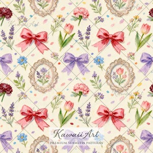 Coquette Bow Patchwork Seamless Pattern – Blue Floral Collage Repeat (Digital Paper)