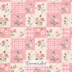 May include: A seamless digital pattern featuring a repeating grid of pink and white checkered squares alternating with cream-coloured squares. The cream squares are decorated with illustrations of pink roses and white daisies. The text Kawaii Art appears.