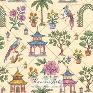 Könnte beinhalten: Ein nahtloses Muster auf hellgelbem Hintergrund mit Illustrationen von Pagoden, bunten Vögeln mit langen Schwanzfedern, Topfblumen, Bäumen und hängenden Laternen. Der Text Kawaii Art Premium Seamless Patterns ist mittig platziert.