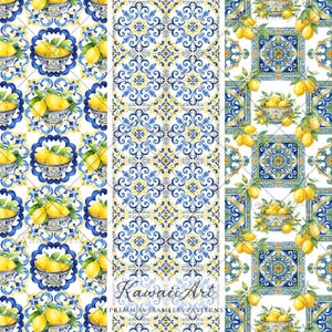 Watercolor Mediterranean Tiles Lemons Seamless Pattern, Summer, Italy, Amalfi, Digital Download, Scrapbook