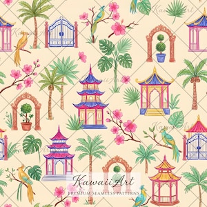 May include: A seamless pattern on a light beige background featuring illustrations of pagodas, palm trees, tropical flowers, ornate gates, arched garden structures with potted topiary plants, and colorful birds perched on flowering branches.