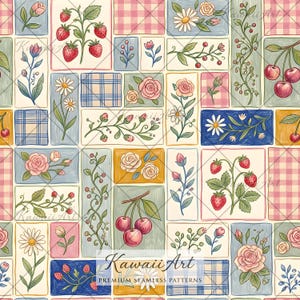 May include: A seamless pattern featuring rectangular blocks with illustrations of strawberries, cherries, daisies, and roses, interspersed with pink and blue gingham and plaid squares. The text Kawaii Art PREMIUM SEAMLESS PATTERNS is visible.
