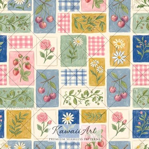 Puede incluir: Un patrón continuo con bloques rectangulares que muestran ilustraciones de cerezas, fresas, rosas rosadas, margaritas blancas y follaje verde. El diseño incluye cuadrados a cuadros azules y rosas sobre un fondo crema con el texto Kawaii Art.