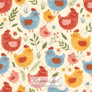 Pode incluir: Um padrão contínuo com ilustrações de galinhas e pintinhos em vermelho, azul e amarelo sobre um fundo creme, intercalados com pequenos ramos verdes e flores. O texto Kawaii Art PREMIUM SEAMLESS PATTERNS é visível na parte inferior.