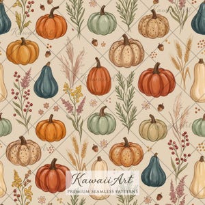 May include: A seamless pattern on a beige background featuring various pumpkins, gourds, wheat stalks, sprigs of berries, and small acorns. The illustration includes orange, sage green, and tan pumpkins with detailed line work and text Kawaii Art.
