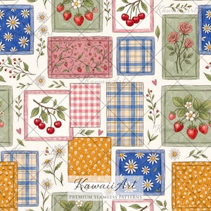 May include: A seamless pattern featuring rectangular patches with various illustrations including red strawberries, cherries, pink roses, blue and yellow plaid, and yellow floral prints, interspersed with small daisies and sprigs of greenery.