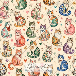 May include: A seamless pattern on a cream background featuring various illustrated cats in diverse colors and floral motifs, interspersed with small hearts, stars, and paw prints. The text Kawaii Art Premium Seamless Patterns is visible.