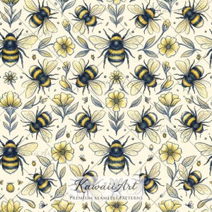 Peut inclure: Un motif répétitif composé d'illustrations de bourdons au corps rayé jaune et noir avec des ailes translucides, entremêlés de fleurs jaunes et de feuilles vertes sur un fond crème. Le texte Kawaii Art Premium Seamless Patterns est visible.