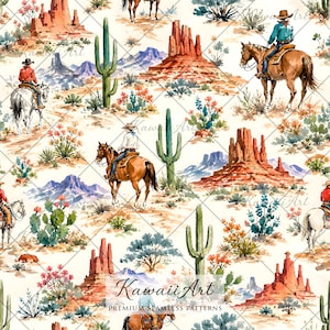 May include: A seamless pattern featuring watercolour illustrations of cowboys riding horses through a desert landscape with red rock formations, tall green saguaro cacti, and desert flora. The repeating design includes riders in hats.