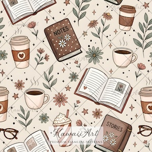 May include: A seamless pattern on a light beige background featuring brown notebooks labeled NOTES and STORIES, open books, coffee cups with heart icons, lattes with whipped cream, and small flowers, leaves, and stars in muted brown, green, and pink tones.