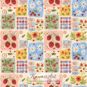 May include: A seamless digital pattern featuring a grid of squares with illustrations of strawberries, daisies, cherries, red hearts, and plaid blocks. The design includes the text Kawaii Art PREMIUM SEAMLESS PATTERNS in the center.