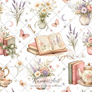 Bookish Seamless Pattern, Girly Coquette Repeat File, Book Lover Digital Paper, Bow Design
