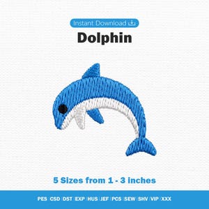 Może przedstawiać: Plik z wzorem haftu przedstawiający niebiesko-białego delfina z czarnym okiem. Tekst zawiera Instant Download, Dolphin oraz 5 Sizes from 2,5 - 7,6 cm. Wymienione formaty plików to PES, CSD, DST, EXP, HUS, JEF, PCS, SEW, SHV, VIP oraz XXX.