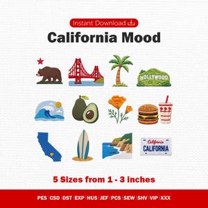 May include: A collection of twelve embroidered patches featuring California-themed icons including a brown bear, the Golden Gate Bridge, a palm tree, the Hollywood sign, a wave, an avocado, a poppy, a burger, a drink, a map, a surfboard, and a license plate.