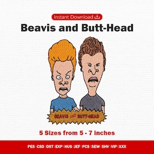 Puede incluir: Un archivo de diseño de bordado con Beavis y Butt-Head y el texto Beavis and Butt-Head. Los personajes tienen cabello naranja y marrón, vistiendo camisas azules y grises. El diseño incluye una pancarta marrón dentada con el texto.