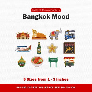 Bangkok Embroidery Bundle, Commercial Use, Thailand Travel Machine Embroidery File Set, Tuk Tuk Temple Patch Designs, Instant Download
