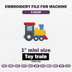 Könnte beinhalten: Stickdatei für eine Spielzeugeisenbahn. Das Design zeigt einen bunten Zug mit rotem Dach, grünem Körper, gelbem Motor und blauen Akzenten. Der Text lautet "1" mini size Toy train" und "EMBROIDERY FILE FOR MACHINE". Das Design ist 2,54 cm groß.