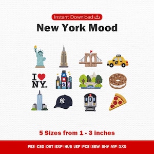 Puede incluir: Una colección de doce diseños de bordado con temática de la ciudad de Nueva York que incluye la Estatua de la Libertad, el Empire State Building, el puente de Brooklyn, un taxi amarillo, el logo I Love NY, Times Square, Central Park, un bagel, un rascacielos, una gorra, un metro y una porción de pizza.