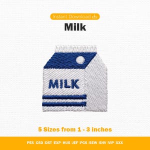 Op de afbeelding: Een borduurontwerp van een melkpak met het woord MILK in blauwe draad. Het pak heeft een witte behuizing met blauwe accenten, waaronder een cirkelvormig detail aan de bovenkant en twee horizontale lijnen aan de onderkant. Tekst bevat Instant Download en 5 maten van 2,5 tot 7,6 cm.