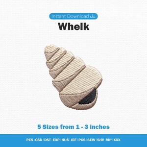 Könnte beinhalten: Ein Stickmuster einer Wellhornschnecke in Beige- und Brauntönen mit einer dunkelbraunen Öffnung. Der Text lautet Whelk und 5 Sizes from 1 - 3 inches. Die aufgeführten Dateiformate sind PES, CSD, DST, EXP, HUS, JEF, PCS, SEW, SHV, VIP und XXX.