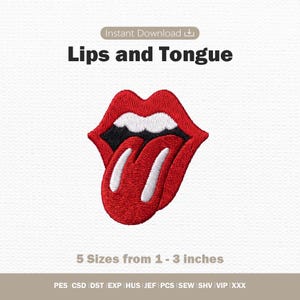 Może przedstawiać: Plik z wzorem haftu przedstawiający czerwone usta i język z białymi zębami oraz czarnymi akcentami. Tekst zawiera napis Lips and Tongue, 5 Sizes from 1 - 3 inches oraz listę formatów PES, CSD, DST, EXP, HUS, JEF, PCS, SEW, SHV, VIP i XXX.