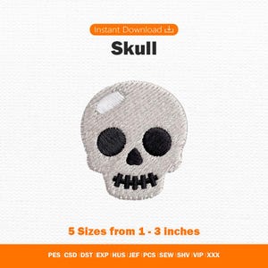Cute Skull Embroidery Design Digital Download, Mini Halloween Embroidery Pattern, Commercial Use Machine Embroidery File 5 Sizes
