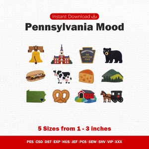 以下が含まれることがあります： Pennsylvania Moodと題されたデジタル刺繍デザインセット。リバティベル、建物、キーストーン州の看板、黒クマ、チーズステーキ、牛、チーズ、山、地図、プレッツェル、屋根付き橋、馬車の12個のアイコンが含まれています。