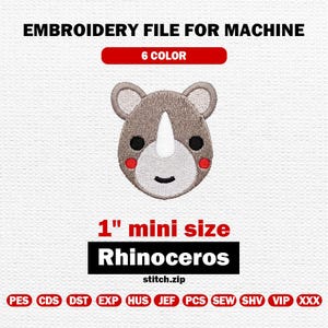 Mini noshörningsbroderidesign, 2,5 cm noshörningsmaskinbroderifil, litet safaridjursmönster, 10 format - PES, DST, JEF